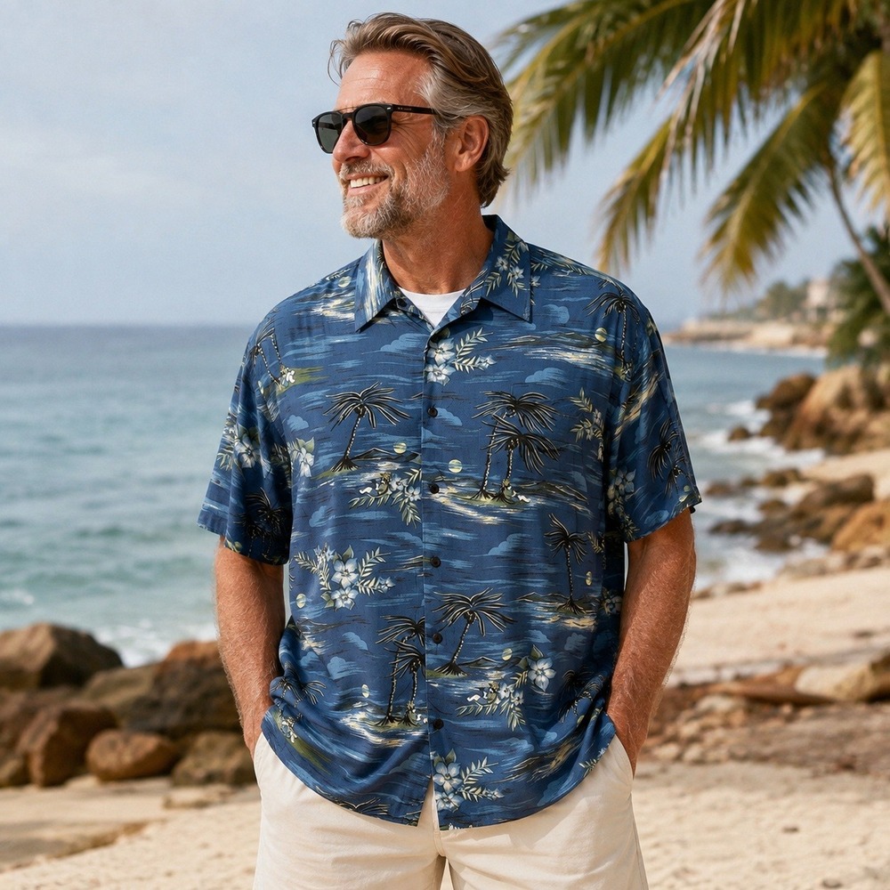 Big Dogs Hawaiian Shirt Mens XL Blue Rayon Tropical Palm Tree Y2K Aloha